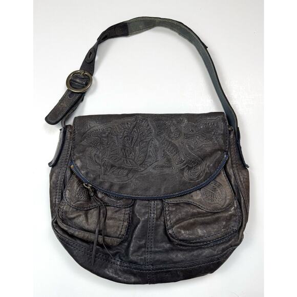 LUCKY BRAND RAMBLIN ROSE Hobo Bag Floral Leather Brown Ink Blue Stitch